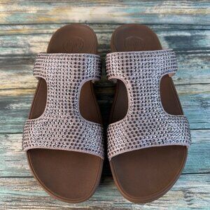 FitFlop Rokkit Slide Sandals Womens 9 Beige Suede Crystals Wedge Comfort Casual